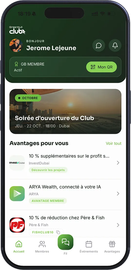 L’app privée du Greenbull Club sur un téléphone